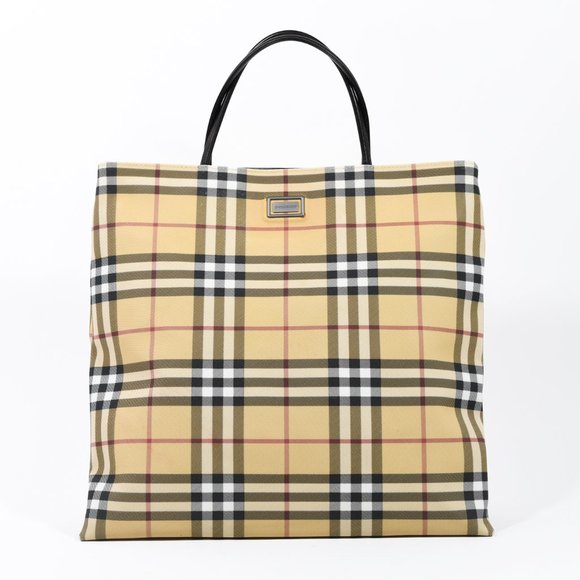 Burberry Nova Check Coated Canvas Leather Tote Bag Plaid - Picture 2 of 5